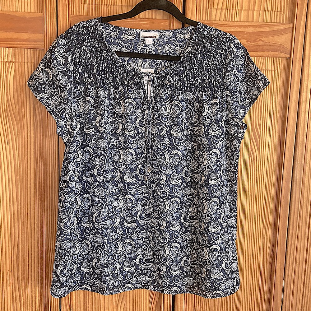 WESTPORT 1962 pull-over blouse  Blue Smocked top & Beaded Ties Size Large